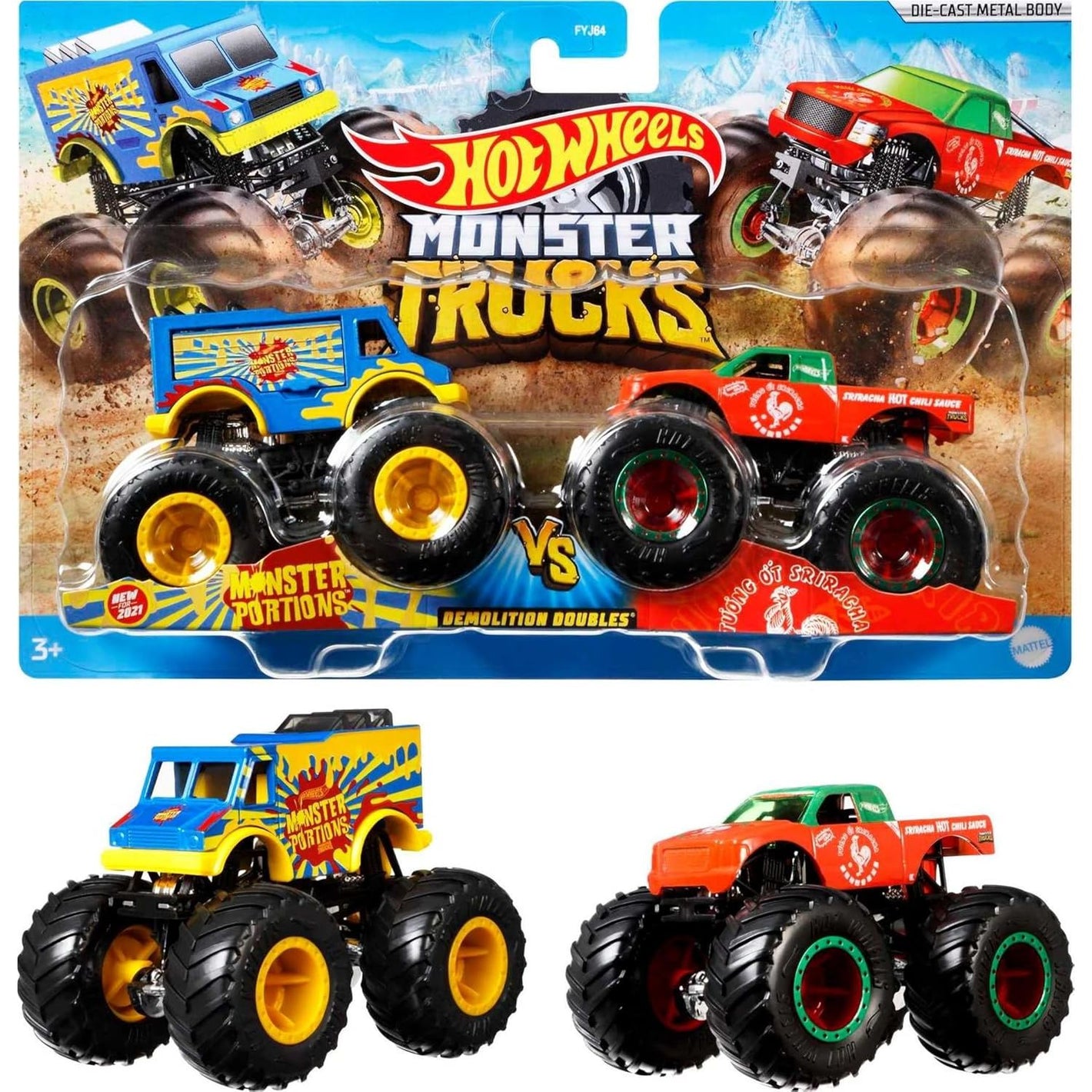 Hot Wheels Monster Trucks 2-Pack, Demolition Doubles Set of 2 Toy Vehicles in 1:64 Scale, for Kids & Collectors (Styles May Vary)