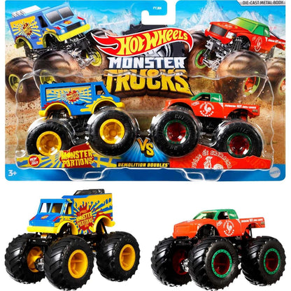 Hot Wheels Monster Trucks 2-Pack, Demolition Doubles Set of 2 Toy Vehicles in 1:64 Scale, for Kids & Collectors (Styles May Vary)