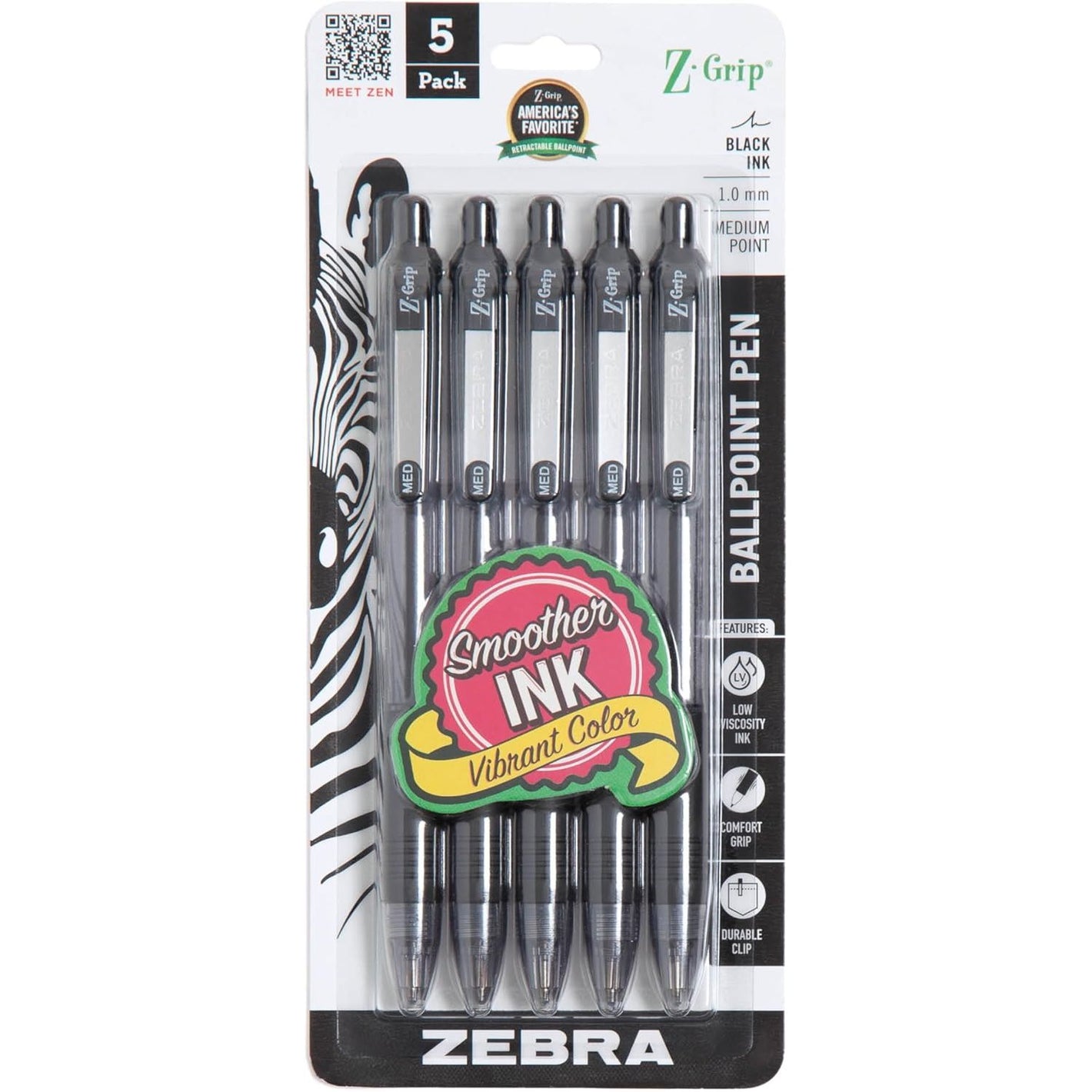 Zebra Pen Z-Grip Retractable Ballpoint Pen, Smooth-Flowing Black Ink, 1.0mm Medium Point, School Supplies, Teacher Supplies, and Office Supplies, 5-Pack (22215)