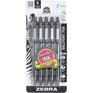 Zebra Pen Z-Grip Retractable Ballpoint Pen, Smooth-Flowing Black Ink, 1.0mm Medium Point, School Supplies, Teacher Supplies, and Office Supplies, 5-Pack (22215)