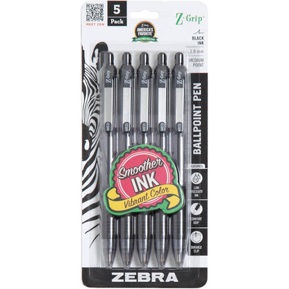 Zebra Pen Z-Grip Retractable Ballpoint Pen, Smooth-Flowing Black Ink, 1.0mm Medium Point, School Supplies, Teacher Supplies, and Office Supplies, 5-Pack (22215)