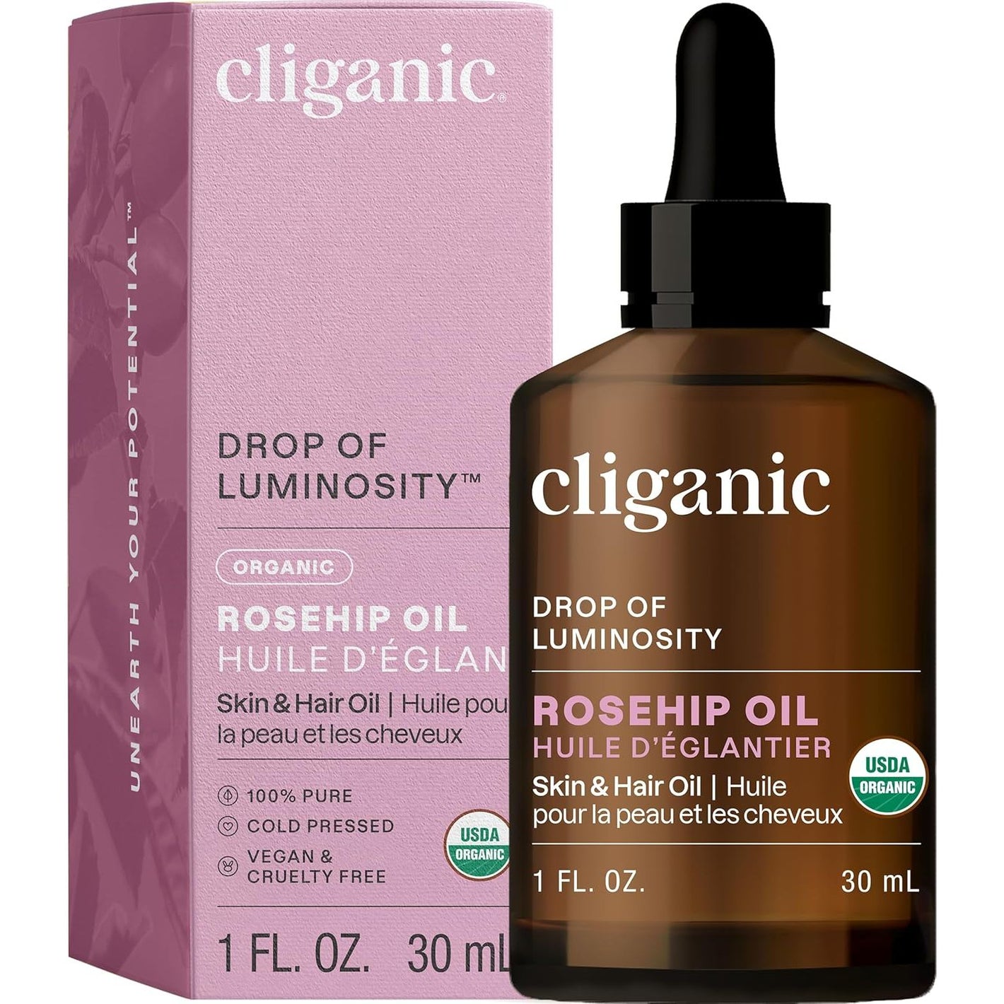 Cliganic Organic Rosehip Seed Oil for Face, 100% Pure | Natural Cold Pressed Unrefined Non-GMO | Carrier Oil for Skin, Hair & Nails