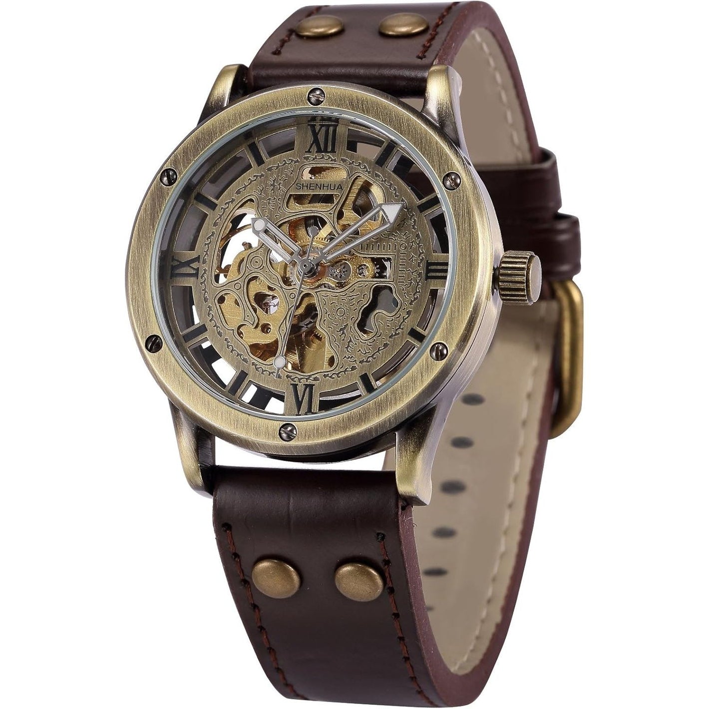 Vintage Bronze Roman Automatic Mechanical Men's Skeleton Brown Leather Strap Wrist Watch PMW362