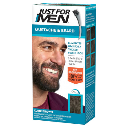 Just For Men Mustache & Beard, Beard Dye for Men with Brush Included, With Keratin Biotin Aloe and Coconut Oil for Healthy Facial Hair - Dark Brown, M-45, Pack of 1 (Packaging May Vary)