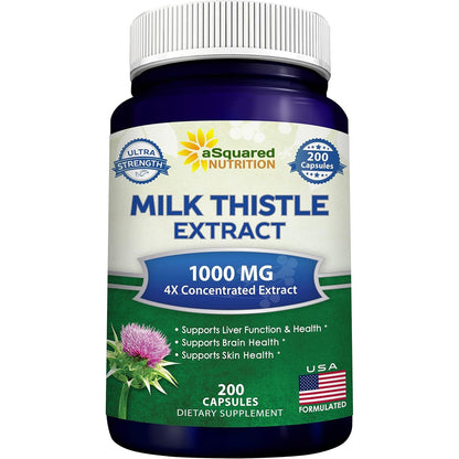 aSquared Nutrition Milk Thistle Supplement 1000mg-200 Capsules,Max Strength 4X Concentrated Extract 4:1 Milk Thistle Seed Powder Herb Pills, 1000 mg Silymarin Extract for Liver Support, Cleanse, Detox