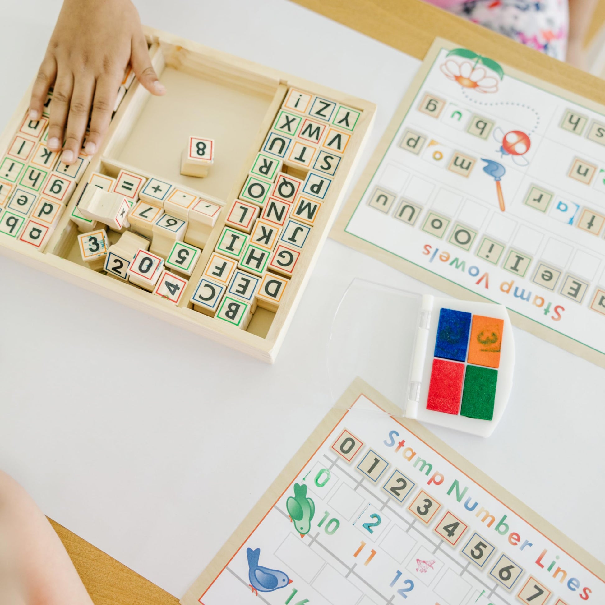 Buy now Melissa & Doug Deluxe Letters and Numbers Wooden Stamp Set ABCs 123s With Activity Book, 4-Color Stamp Pad - FSC Certified at indiglob india