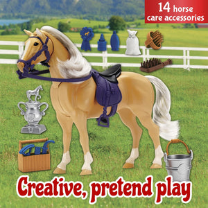 Sunny Days Entertainment Palomino Horse with Moveable Head, Realistic Sound and 14 Grooming Accessories - Blue Ribbon Champions Deluxe Toy Horses