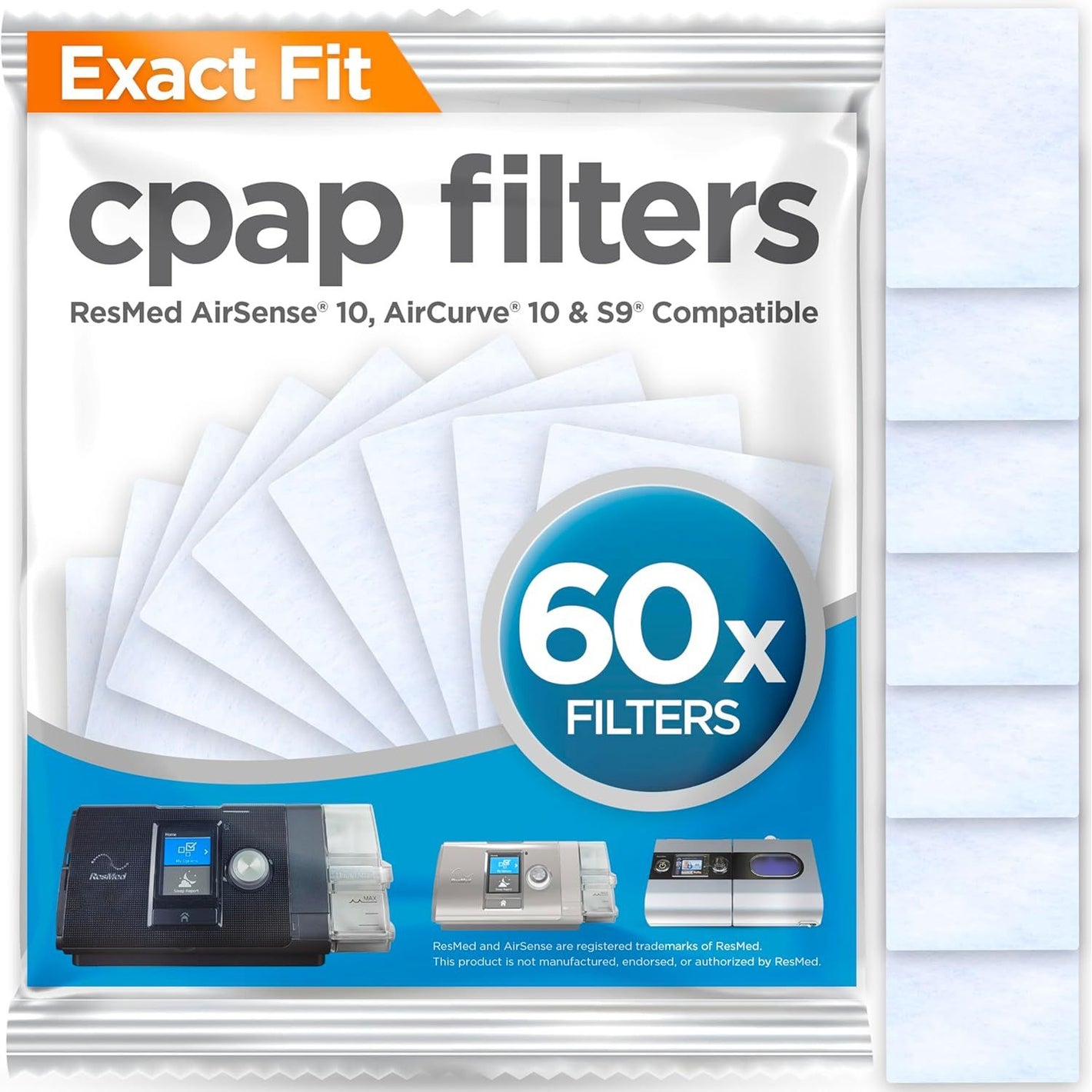 resplabs CPAP Filters for ResMed AirSense 10, AirCurve 10 & S9 Machines - Standard Disposable Filter Replacements - 60 Pack