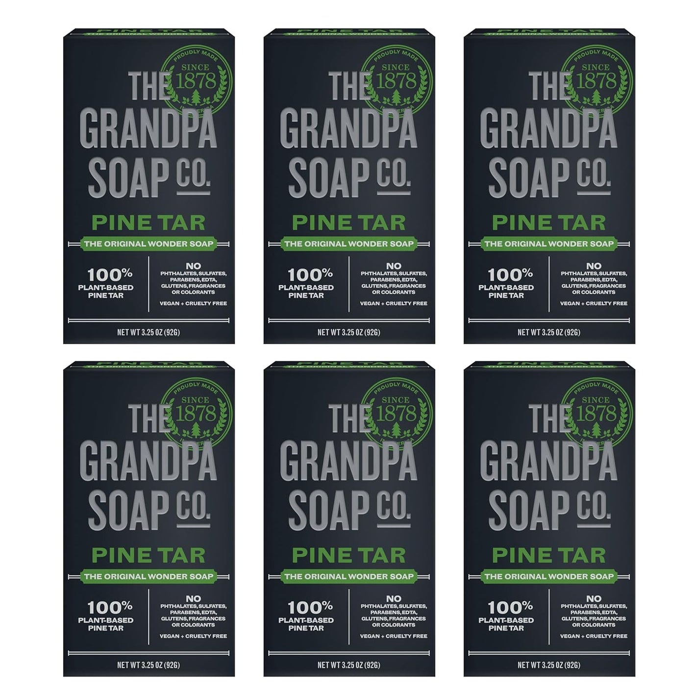 The Grandpa Soap Company Pine Tar Bar Soap for Men- Made With Pine Tar Oil, 3 in 1 Cleanser Deodorizer and Moisturizer, Dermatologist Tested, Safe for Sensitive Skin, 3.25 Oz, 6 Pack