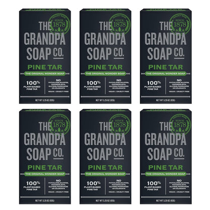 The Grandpa Soap Company Pine Tar Bar Soap for Men- Made With Pine Tar Oil, 3 in 1 Cleanser Deodorizer and Moisturizer, Dermatologist Tested, Safe for Sensitive Skin, 3.25 Oz, 6 Pack