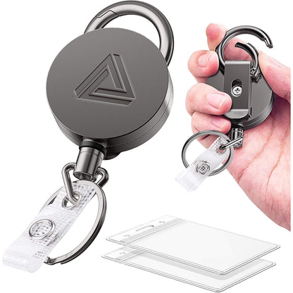 2 Pack Heavy Duty Metal Retractable Badge Holder Reel with Belt Clip Key Ring and Waterproof Vertical Clear ID Card Holder + 2 Extra Carabiner Key Chain Rings, 30 inches Strong Dyneema Pull Cord