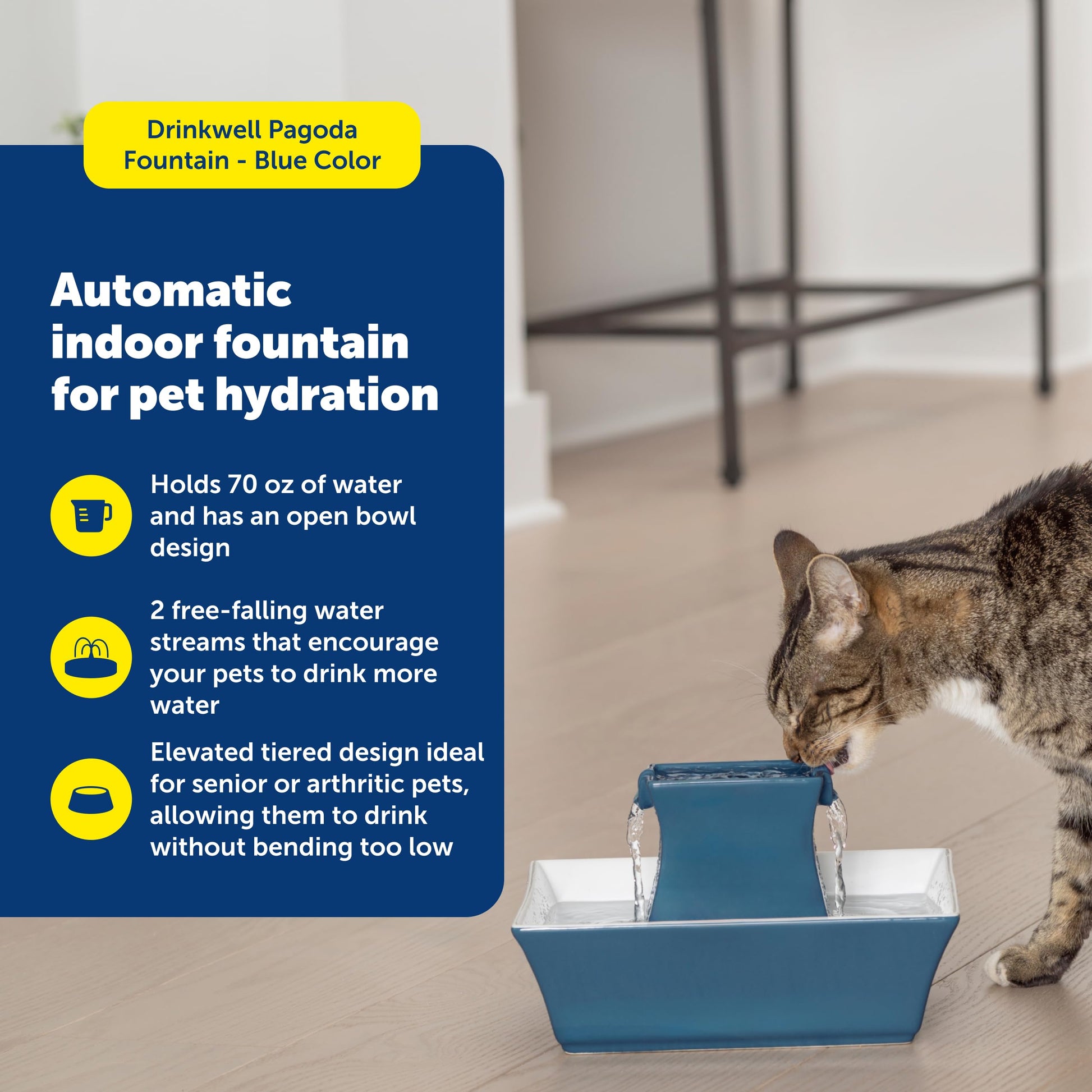 Buy now PetSafe Drinkwell Pagoda Fountain - Hygienic Ceramic Continuous Flowing Fountain - Elevated Upper Bowl & Double Free-Falling Stream Design - Minimalist Pet Hydration Station - 70 oz Capacity at indiglob india