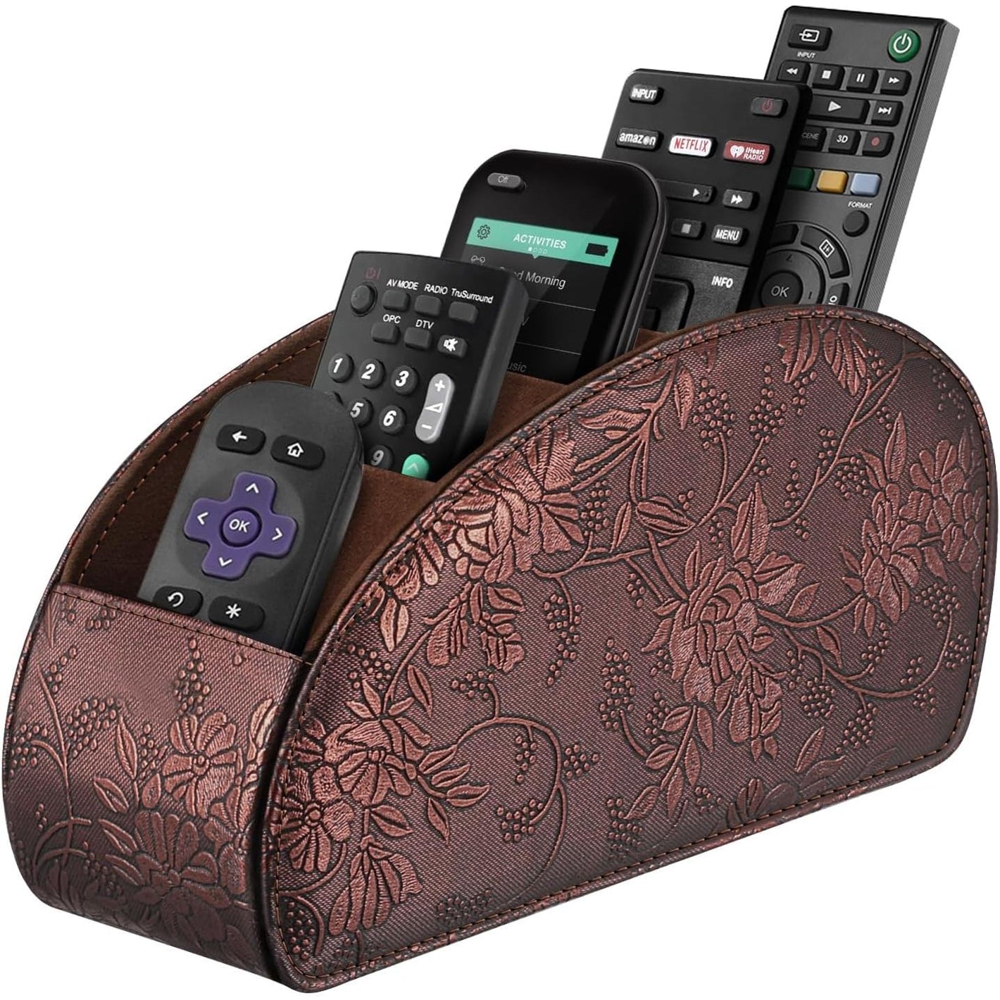 SITHON Remote Control Holder with 5 Compartments - PU Leather Remote Caddy Desktop Organizer Store TV, DVD, Blu-Ray, Media Player, Heater Controllers, Antique