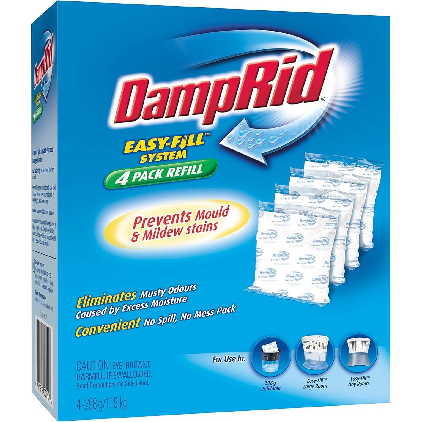 DampRid 10.5 oz Fragrance Free Absorber Easy Fill Refill Packs-4 Count – Attracts & Traps Moisture for Fresher, Cleaner Air, Blue/White