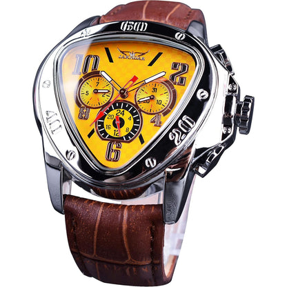 Winner Fashion Mechanical Wrist Watch Triangle Racing Dial, Waterproof Golden Skeleton Dial Automatic Movement Leather Design Mechanical Watch for Men