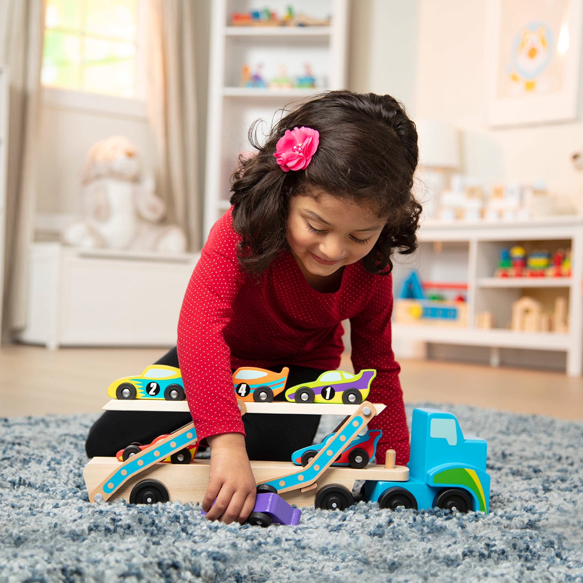 Buy now Melissa & Doug Mega Race-Car Carrier - Wooden Tractor and Trailer with 6 Unique Race Cars at indiglob india