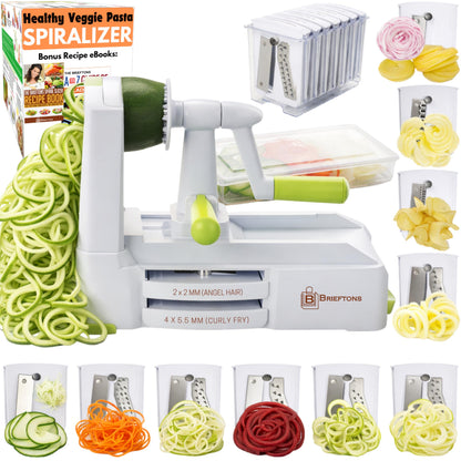 Buy now Brieftons 7-Blade Vegetable Spiralizer: Strongest-Heaviest Spiral Slicer, Best Veggie Pasta Spaghetti Maker for Low Carb/Paleo/Gluten-Free Meals, With Container, Lid, Blade Caddy & 4 Recipe Ebooks White (10 Blades) at indiglob india