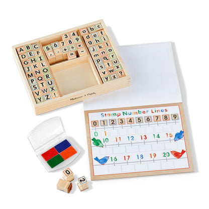 Buy now Melissa & Doug Deluxe Letters and Numbers Wooden Stamp Set ABCs 123s With Activity Book, 4-Color Stamp Pad - FSC Certified at indiglob india