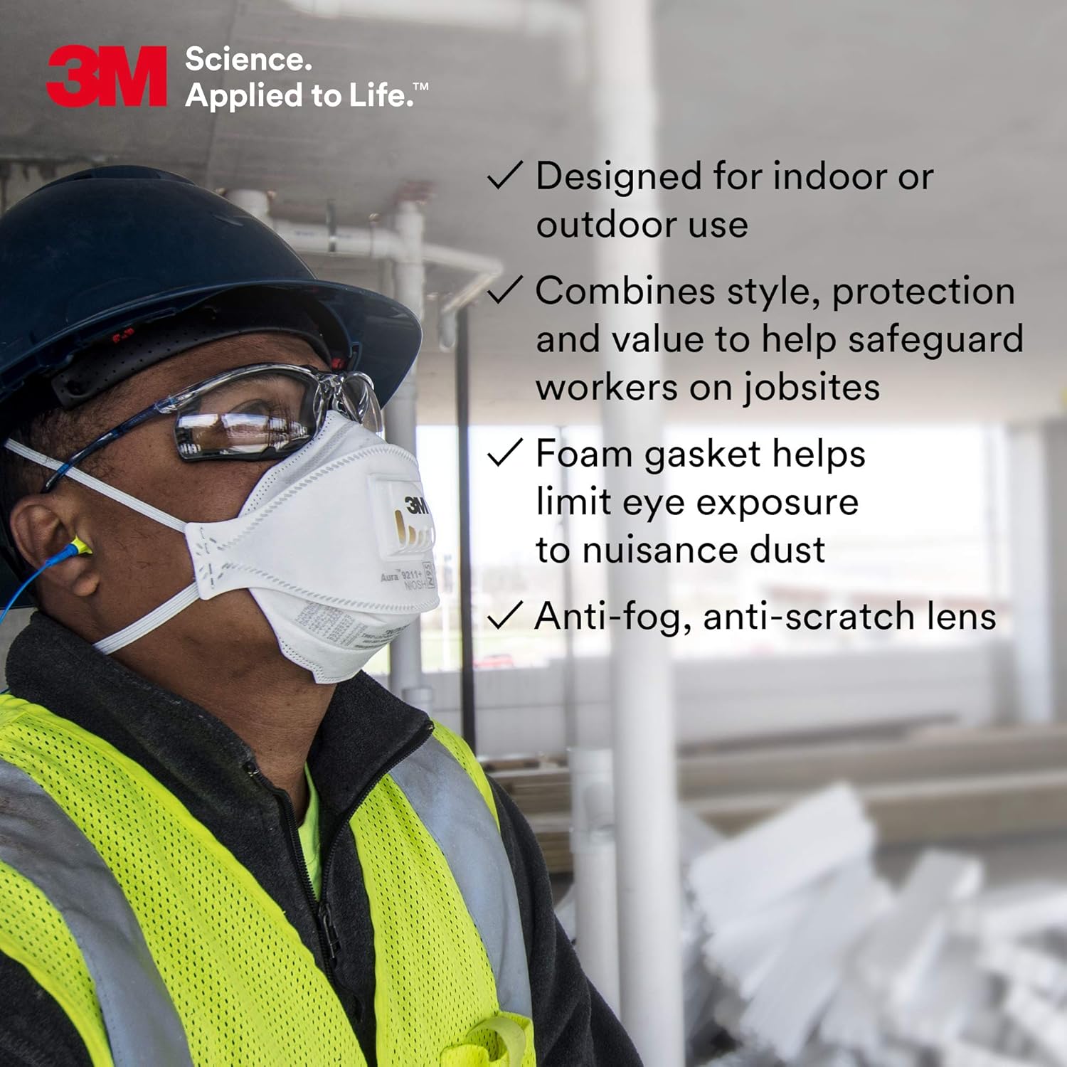 Buy now 3M Safety Glasses, Virtua CCS, ANSI Z87, Anti-Fog, Clear Lens, Blue Frame, Corded Ear Plug Control System, Removable Foam Gasket at indiglob india