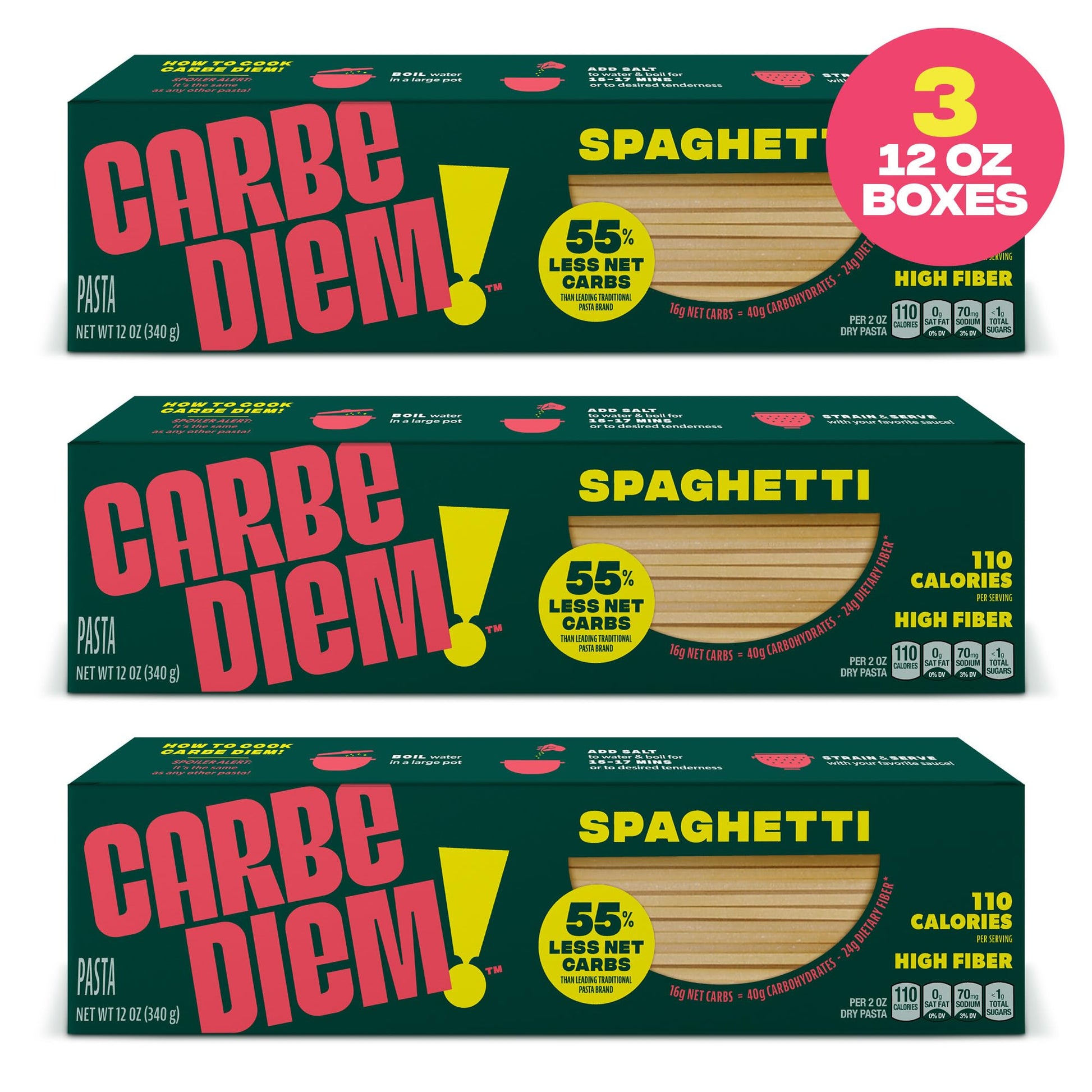 Buy now Carbe Diem!, Spaghetti, Lower Net Carb Pasta with Traditional Flavor & Texture, 8 grams of Protein, 55% Fewer Net Carbs & Only 110 Calories Per Serving, Pack of 3 at indiglob india