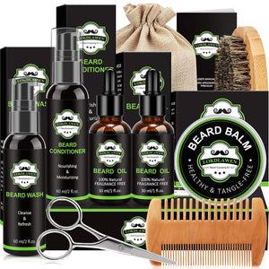 Beard Kit for Men with Beard Wash, Beard Conditioner, Beard Oil, Beard Balm, Brush, Comb, Scissors, Storage Bag, Gifts for Men Dad Husband Boyfriend