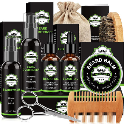Beard Kit for Men with Beard Wash, Beard Conditioner, Beard Oil, Beard Balm, Brush, Comb, Scissors, Storage Bag, Gifts for Men Dad Husband Boyfriend