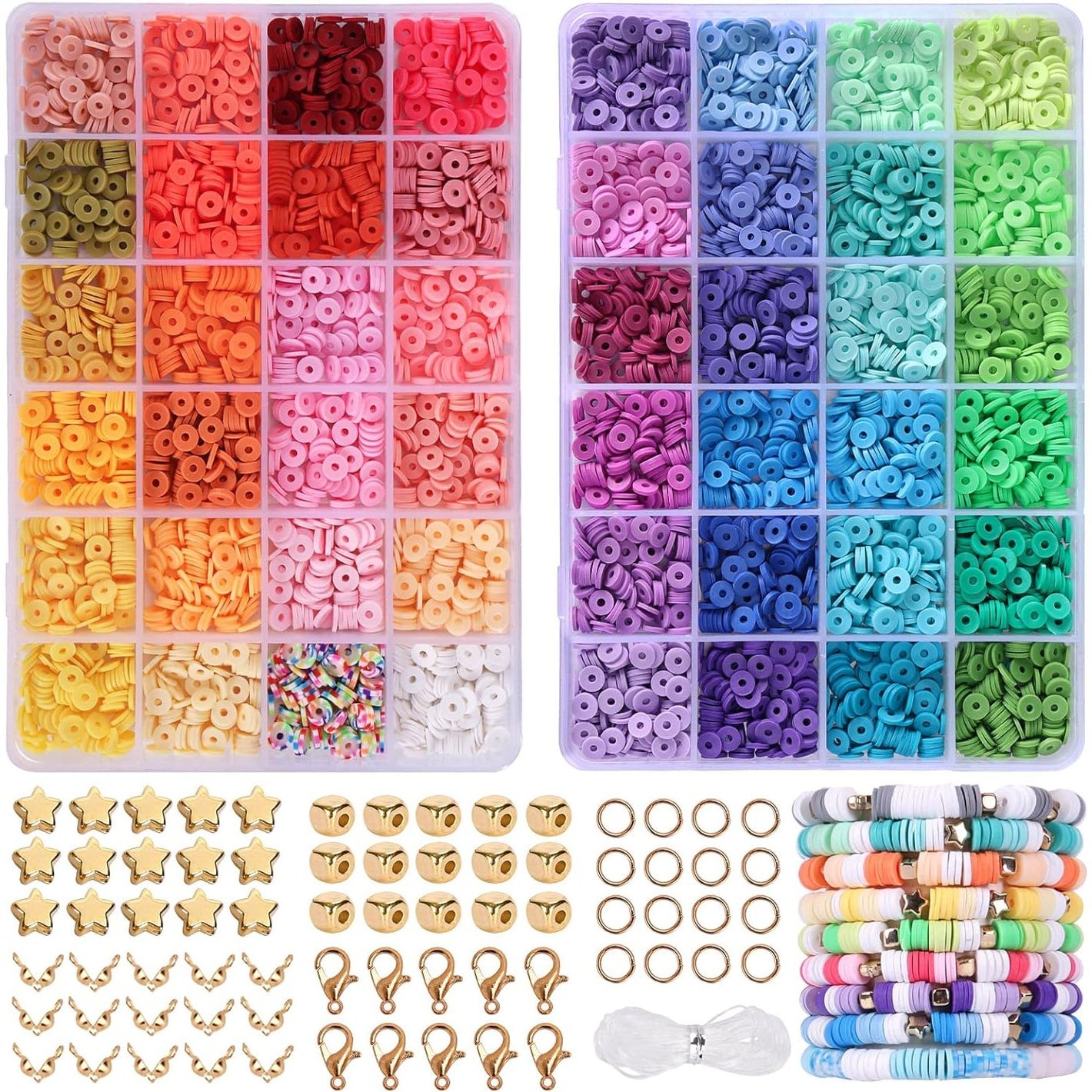 QUEFE 4800pcs Clay Beads for Bracelet Making Kit 48 Colors Flat Round Polymer Spacer Heishi Beads for Jewelry Making Kit