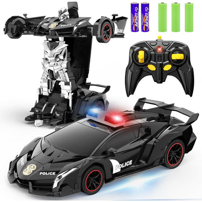 FDJ Remote Control Car - Transform Toys Car Robot, One Button Deformation to Robot with Flashing Light, 2.4Ghz 1:18 Scale Transforming Police Car Kids Toys with 360 Degree Rotating, Girls Boys Toys