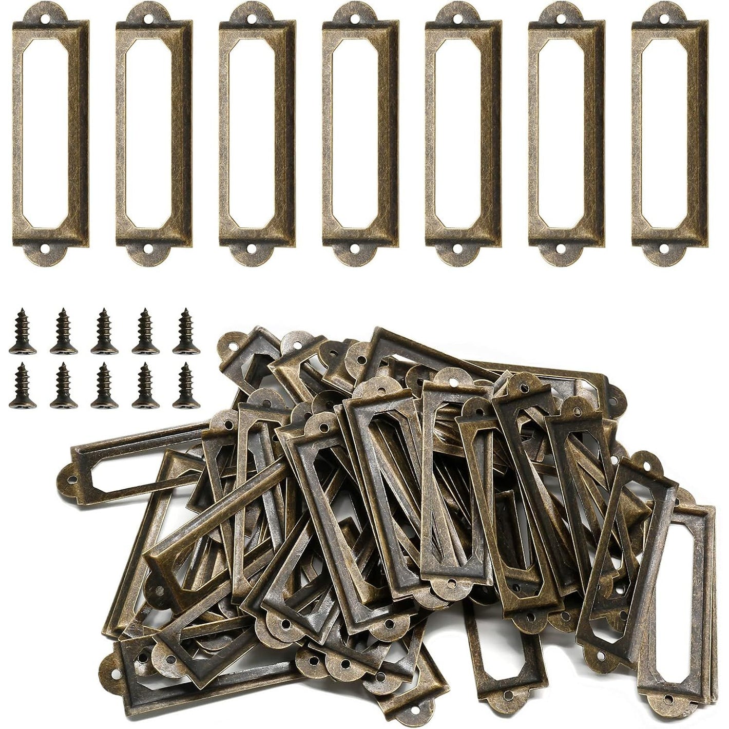 50Pcs Metal Library Label Holders, File Cabinet Label Frames with Screws, Card Tag Label Holder for Office Drawers Shelves (Antique Bronze, 60x17mm)