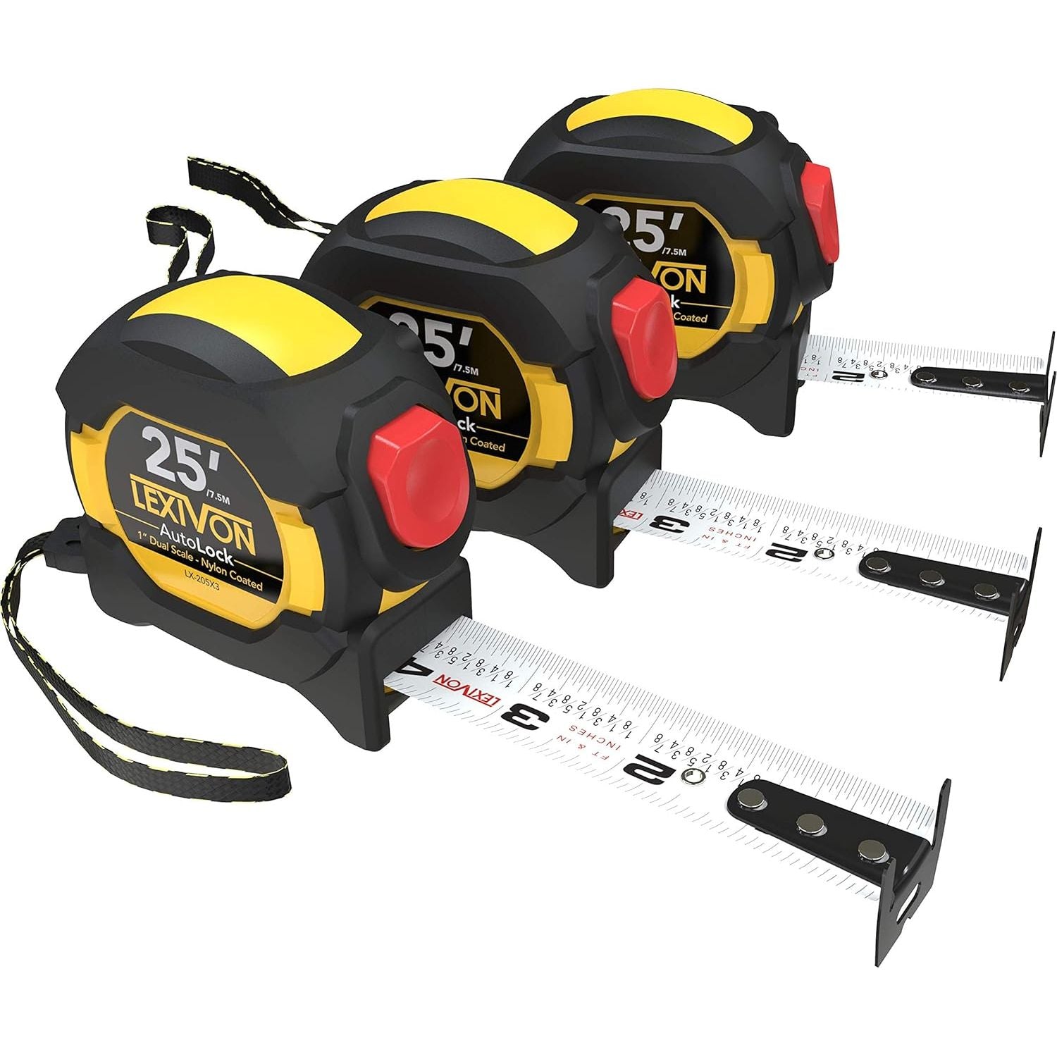 Buy now LEXIVON 25Ft/7.5m AutoLock Tape Measure | 1-Inch Wide Blade with Nylon Coating, Matte Finish White & Yellow Dual Sided Rule Print | Ft/Inch/Fractions/Metric (LX-205) 3-Pack AutoLock at indiglob india