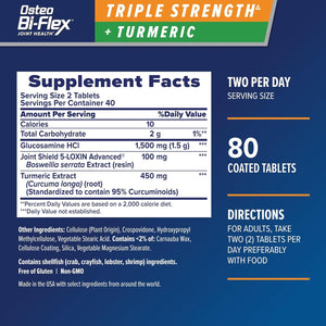 Osteo Bi-Flex Glucosamine Triple Strength Plus Turmeric Supplement with Curcumin for Joint Support and Range of Motion, 40 Day Supply, 80 Coated Tablets, Joint Health Nutritional Supplements
