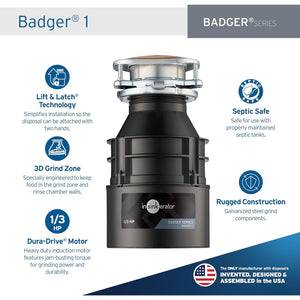 InSinkErator Garbage Disposal, Badger 1, Standard Series, 1/3 HP Continuous Feed, Black, Waterborne Grey Enamel