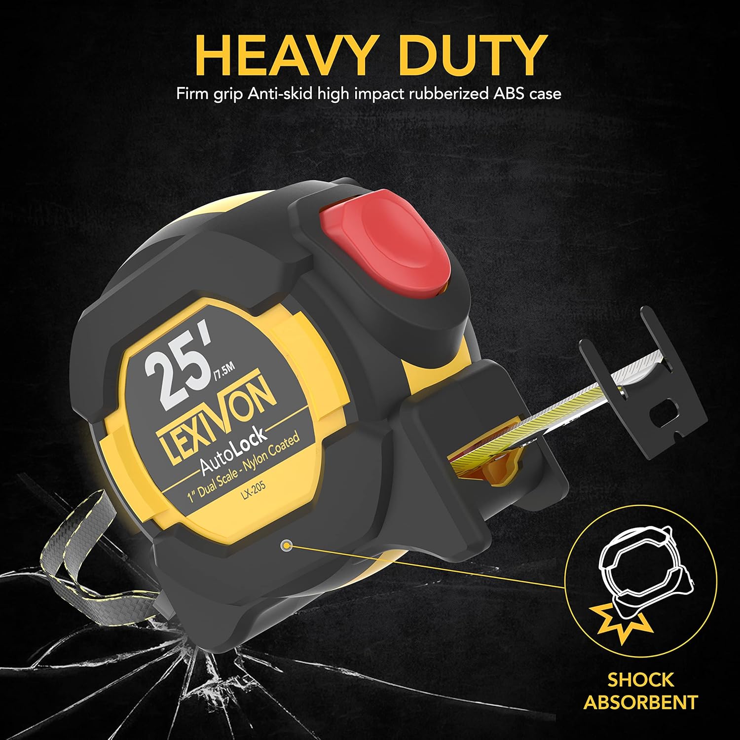 Buy now LEXIVON 25Ft/7.5m AutoLock Tape Measure | 1-Inch Wide Blade with Nylon Coating, Matte Finish White & Yellow Dual Sided Rule Print | Ft/Inch/Fractions/Metric (LX-205) at indiglob india
