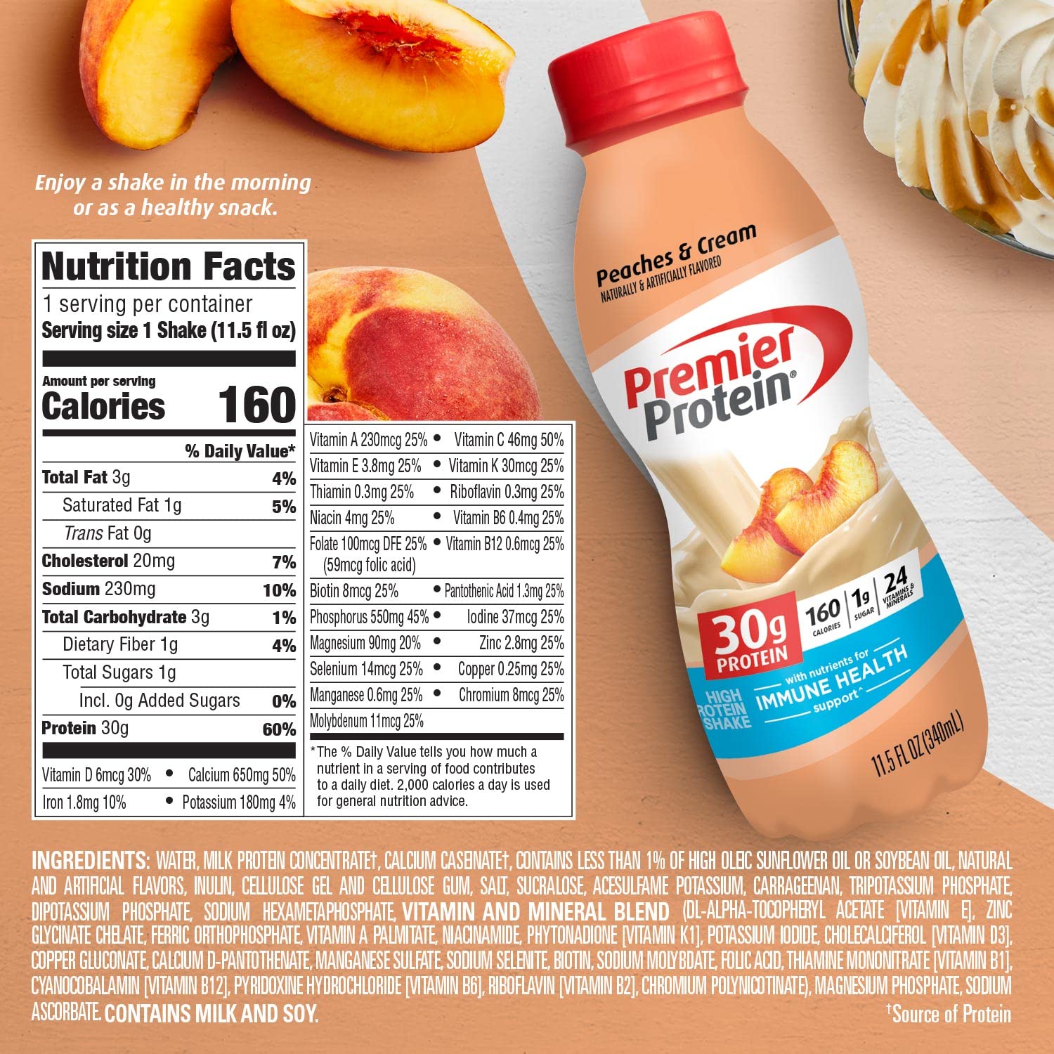Buy now Premier Protein Shake, Peaches & Cream, 30g Protein, No Added Sugar, 24 Vitamins & Minerals to Support Immune Health, 11.5 fl oz, 12 Pack (Packaging May Vary) at indiglob india