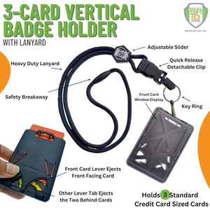 Specialist ID Vertical Top Load Three Card Badge Holder - Hard Plastic with Heavy Duty Breakaway Lanyard w Quick Release Metal Clip & Key Ring (One Holder / 3 Cards Inside) (Black)