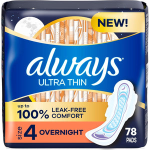 Always Ultra Thin Overnight Pads with Wings, Size 4, Overnight, 78 Count (3 Packs of 26)
