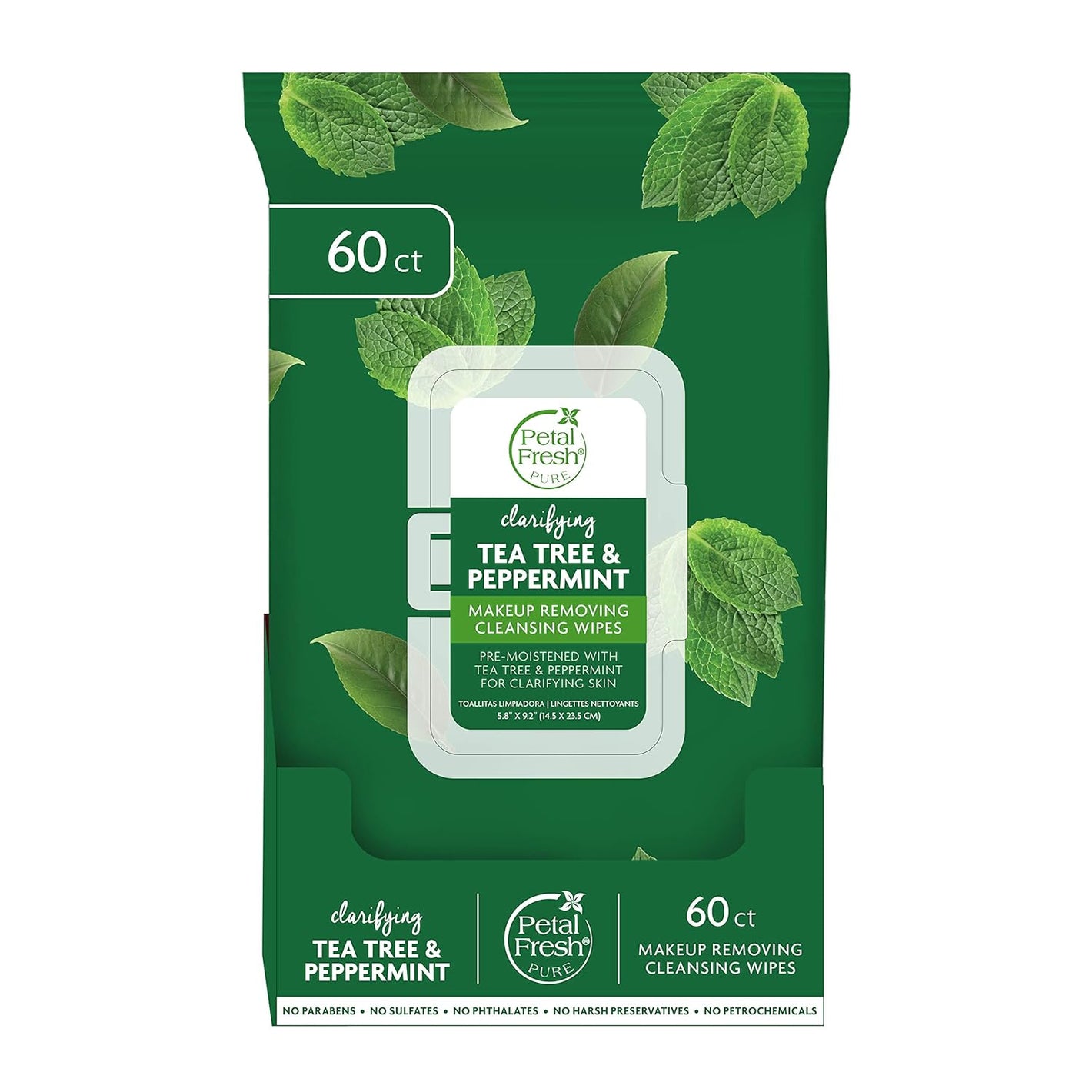 Petal Fresh Clarifying Tea Tree & Peppermint Makeup Removing, Cleansing Towelettes, Gentle Face Wipes, Daily Cleansing, Vegan and Cruelty Free, 60 count