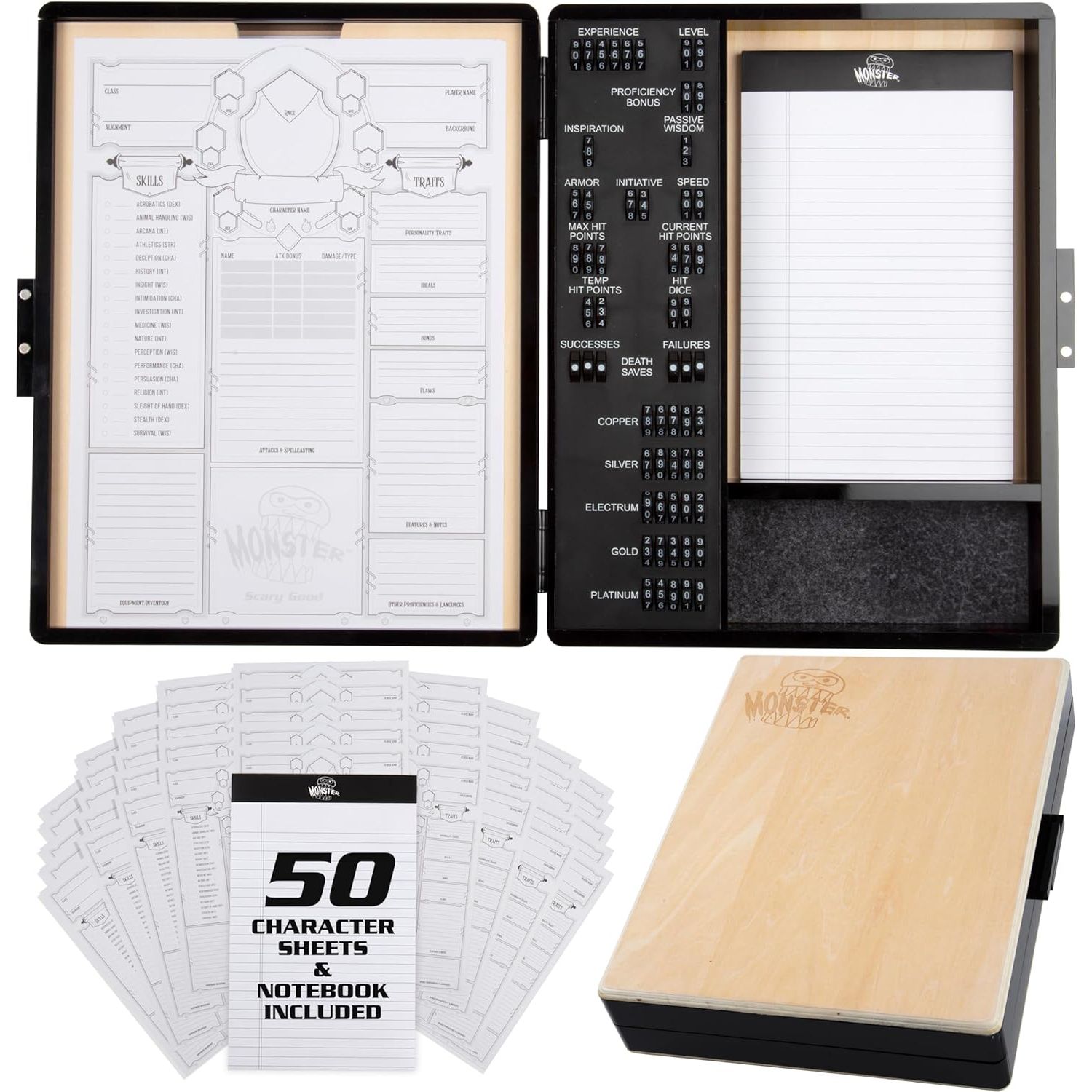 Buy now Monster Wooden Deluxe DND Stat Tracker Case- Compatible with Dungeons and Dragons- Record RPG Character Notes, Attacks, Abilities- Felt Dice Rolling Tray, Notebook, 50 Character Sheets for Gameplay at indiglob india