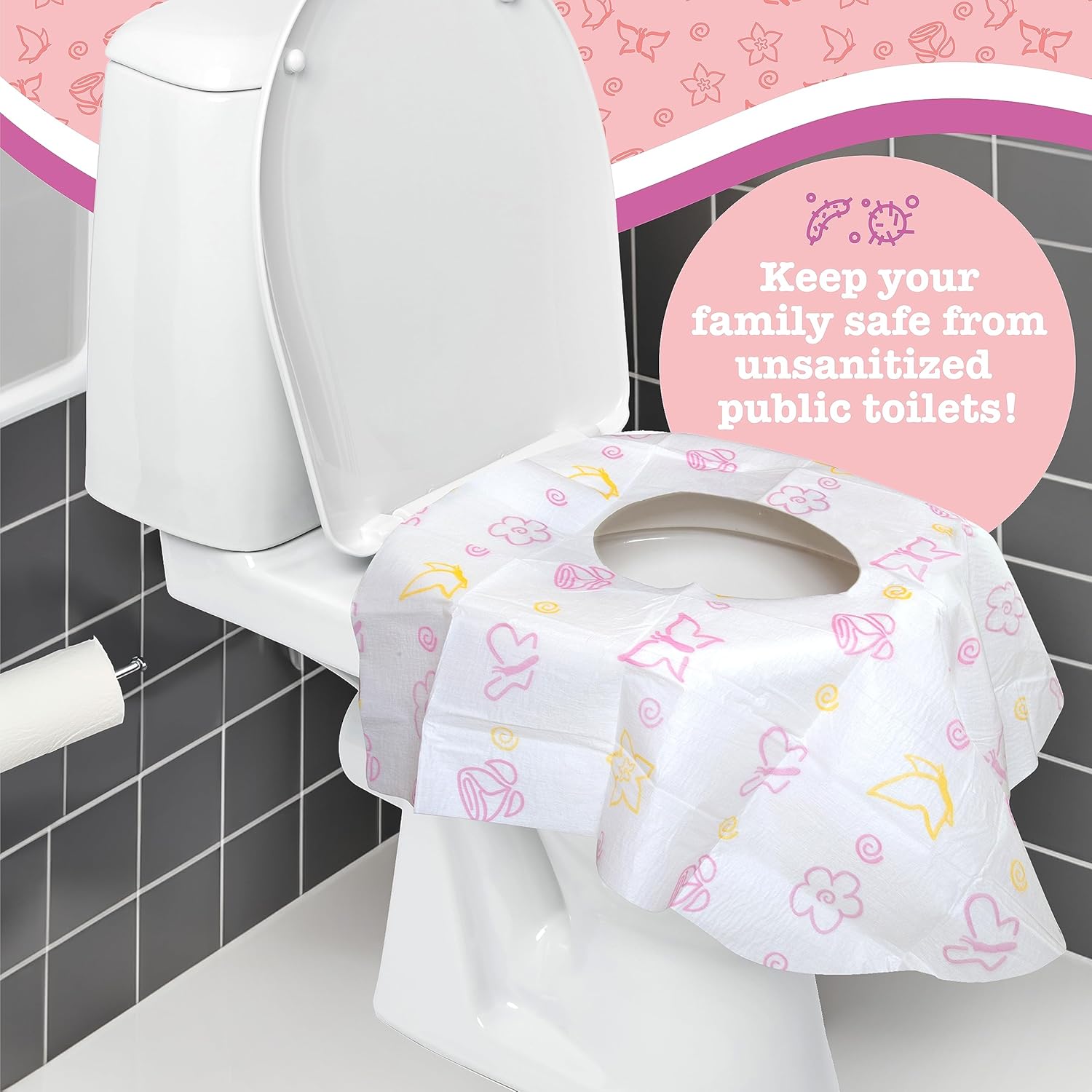 Buy now Toilet Seat Covers Disposable (12 Pack, Floral) - XL Waterproof Toilet Cover for Toddlers, Kids & Adults - Portable & Individually Wrapped for Travel, Potty Training & Public Restrooms at indiglob india