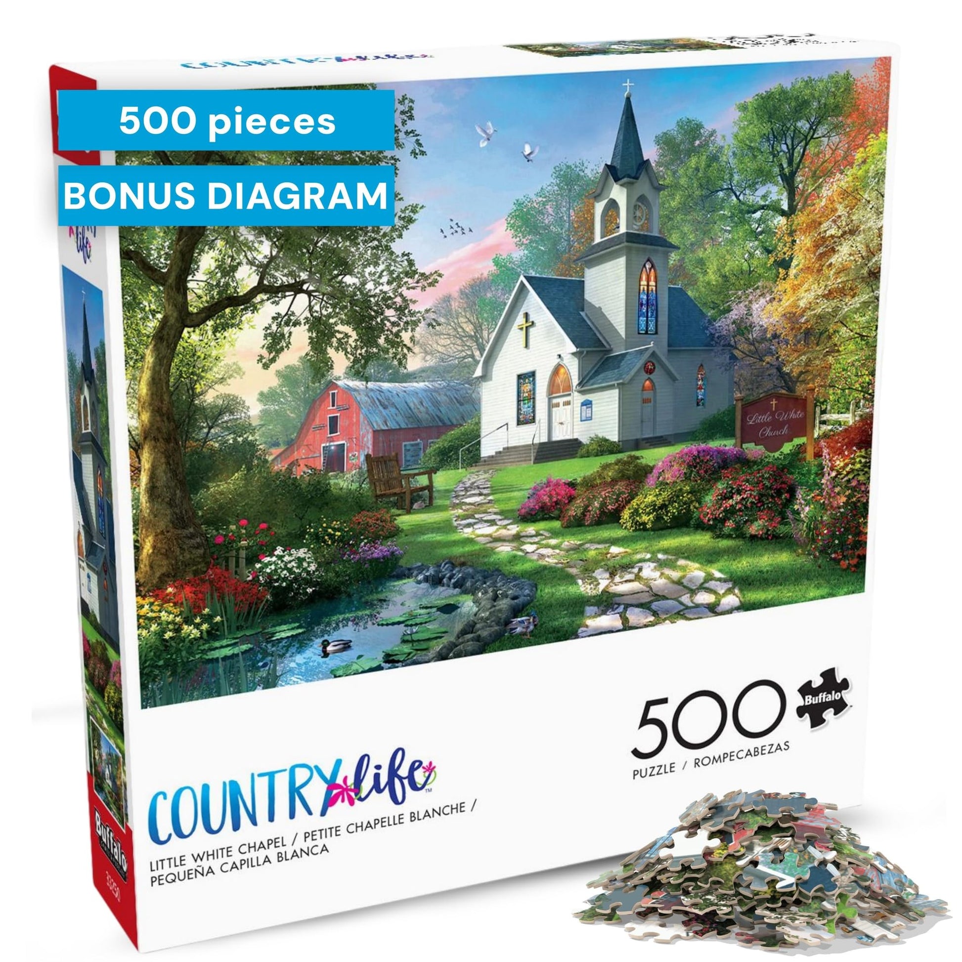 Buy now Buffalo Games – Little White Chapel Jigsaw Puzzle, 500 Piece Puzzle for Adults, Peaceful Church Landscape Art by Dominic Davison at indiglob india