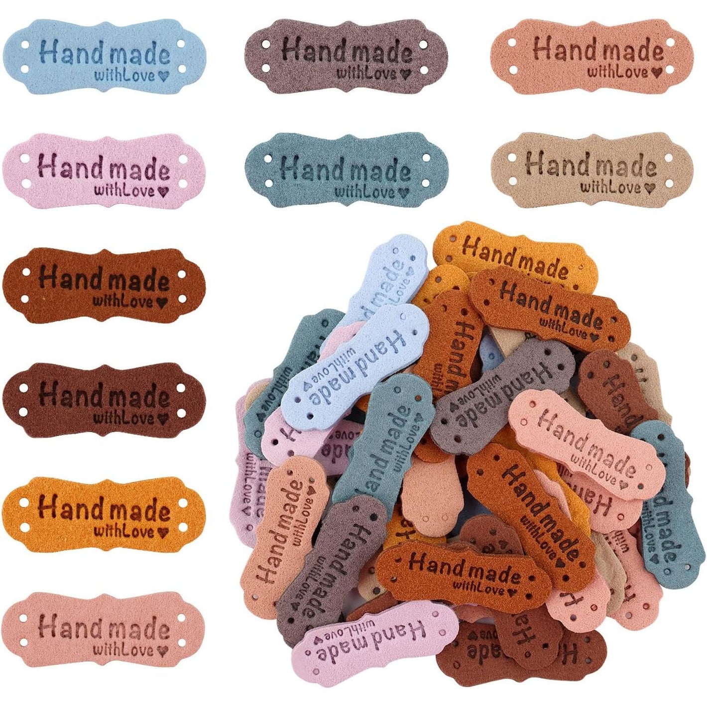 SAVITA 50pcs Handmade Leather Labels, Microfiber Colorful Leather Labels with Love Hearts Handmade Embossed Crochet Tags with Holes for Crafts Knitting Sewing Hats Purses Clothing (10 Colors)