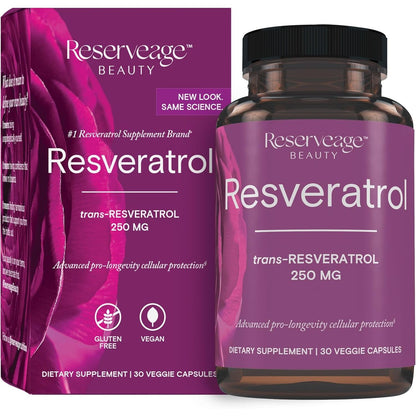 Reserveage Beauty, Resveratrol 250 mg, Antioxidant Supplement for Heart and Cellular Health, Supports Healthy Aging and Immune System, Paleo, Keto, 30 Capsules