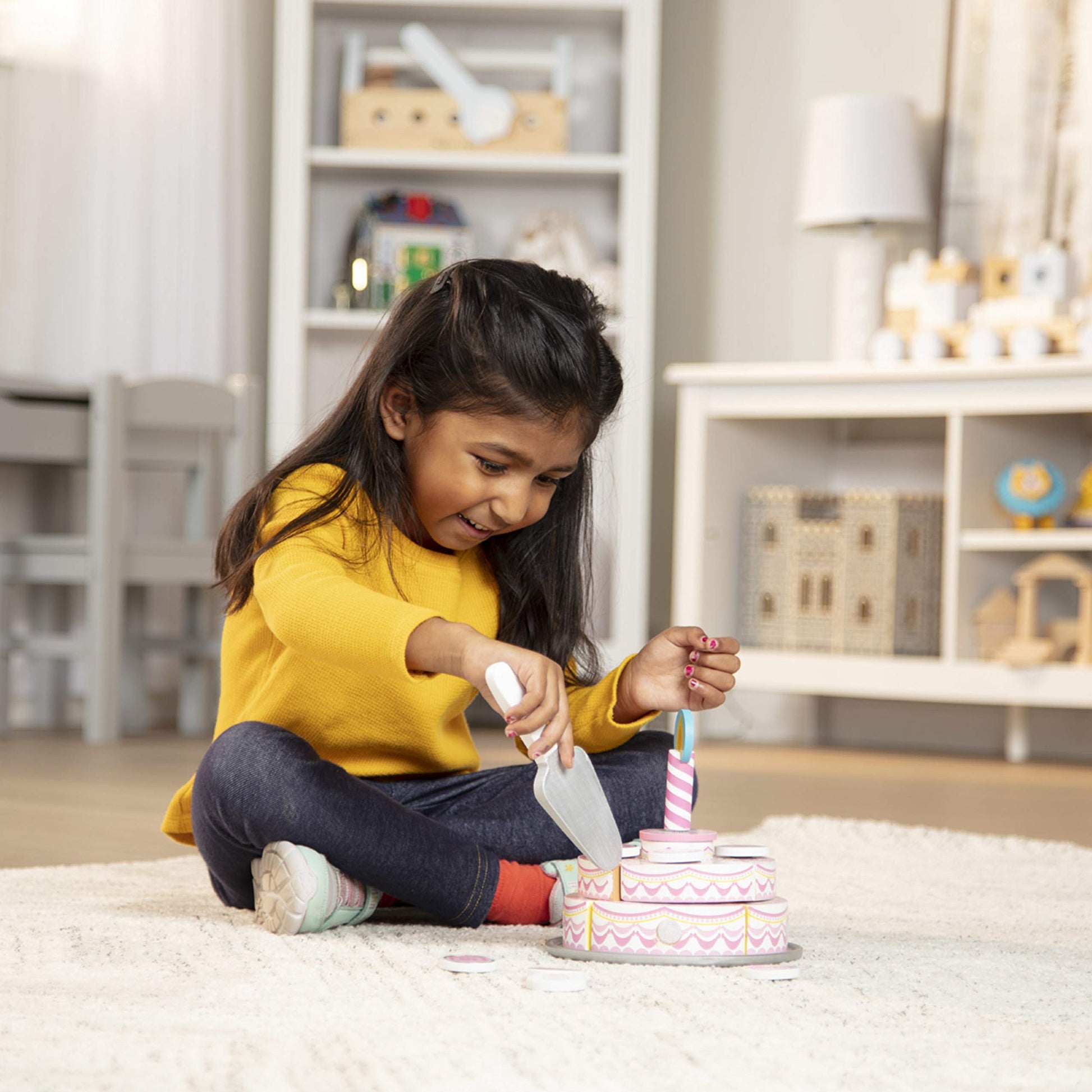 Buy now Melissa & Doug Triple-Layer Party Cake Wooden Play Food Set - Birthday Cake Pretend Food Play Set for Toddlers, Kids Ages 3+ at indiglob india
