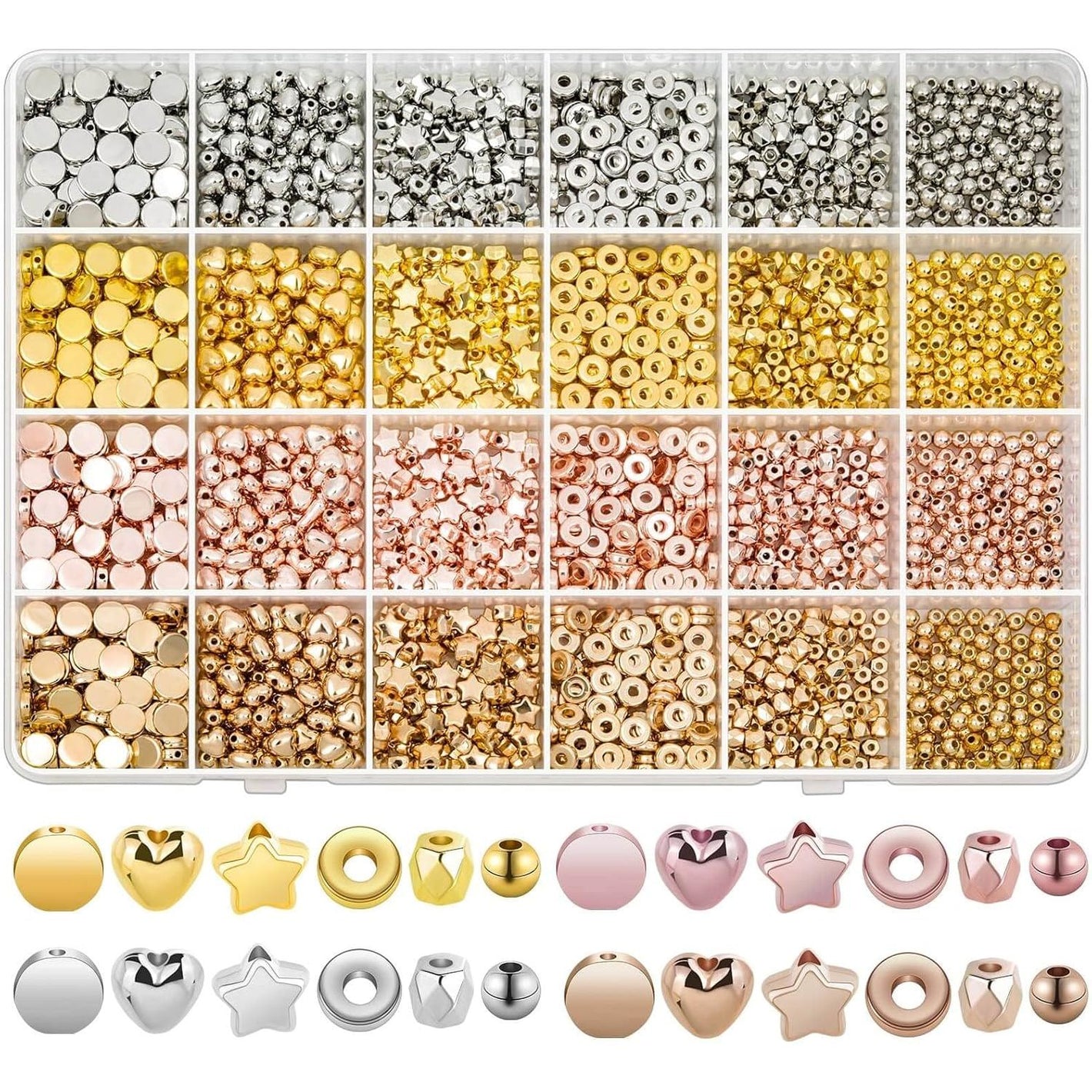 2160 Pieces Gold Spacer Beads Set, Assorted Round Star Gold Beads for Bracelet Jewelry Making(Gold, Sliver, Rose Gold, KC Gold)