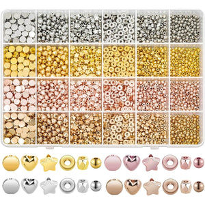 2160 Pieces Gold Spacer Beads Set, Assorted Round Star Gold Beads for Bracelet Jewelry Making(Gold, Sliver, Rose Gold, KC Gold)