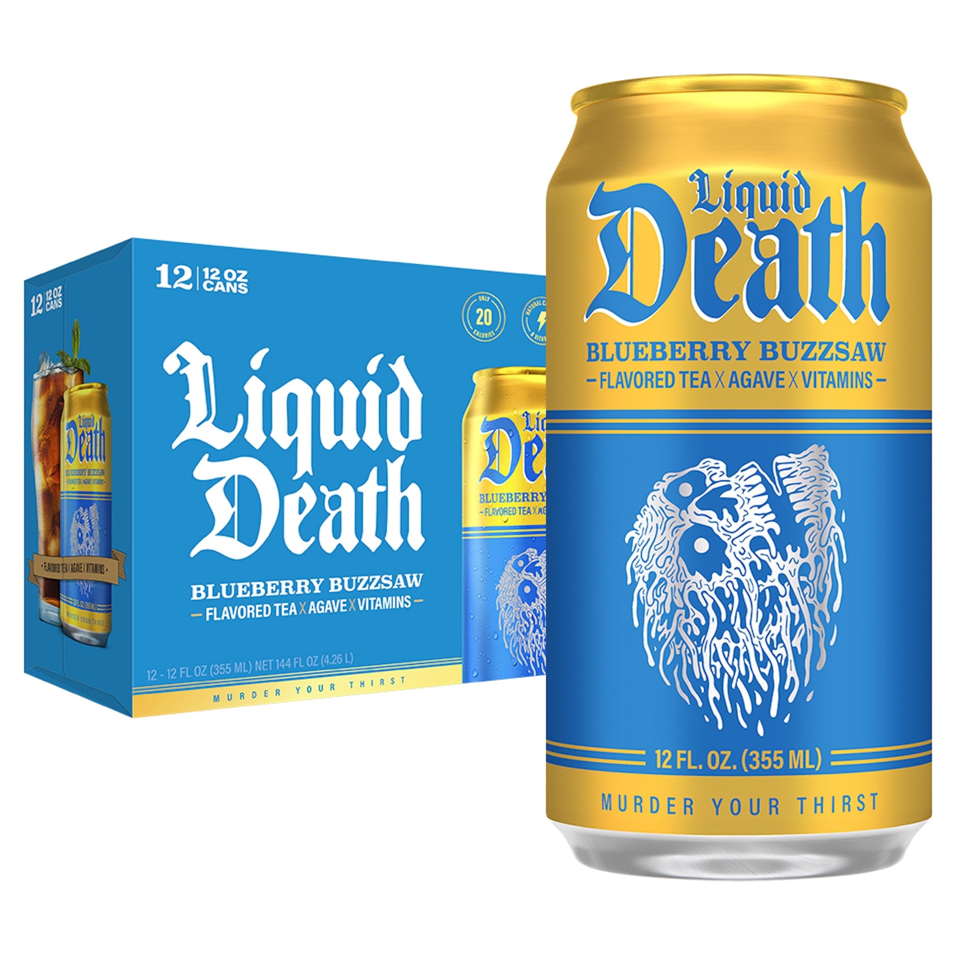 Buy now Liquid Death Iced Tea - Blueberry Buzzsaw (Blueberry-Flavored Black Tea), Less Sugar*, Boost of Caffeine, B Vitamins, No Artificial Sweeteners, 12 Fl Oz (Pack of 12) Blueberry Buzzsaw at indiglob india