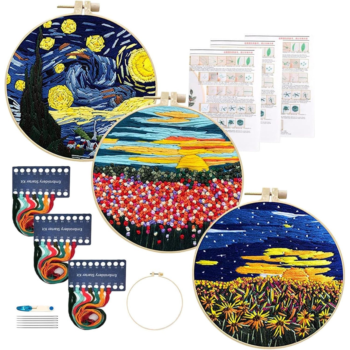 Maydear 3 Sets Embroidery kit for Beginners Adults,Embroidery Kit Punch Needle Kit Cross Stitch Kits with Embroidery Hoop and Instructions,Hand Embroidery Starter Kit