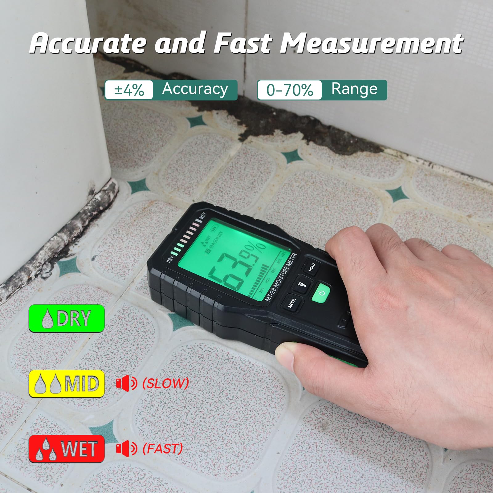Buy now Pinless Moisture Meter for Wood Concrete – Digital Moisture Tester with 3-Color LCD Display, Audible Alarm & HOLD Function – Ideal for Firewood, Lumber, Home Inspections (Green) at indiglob india