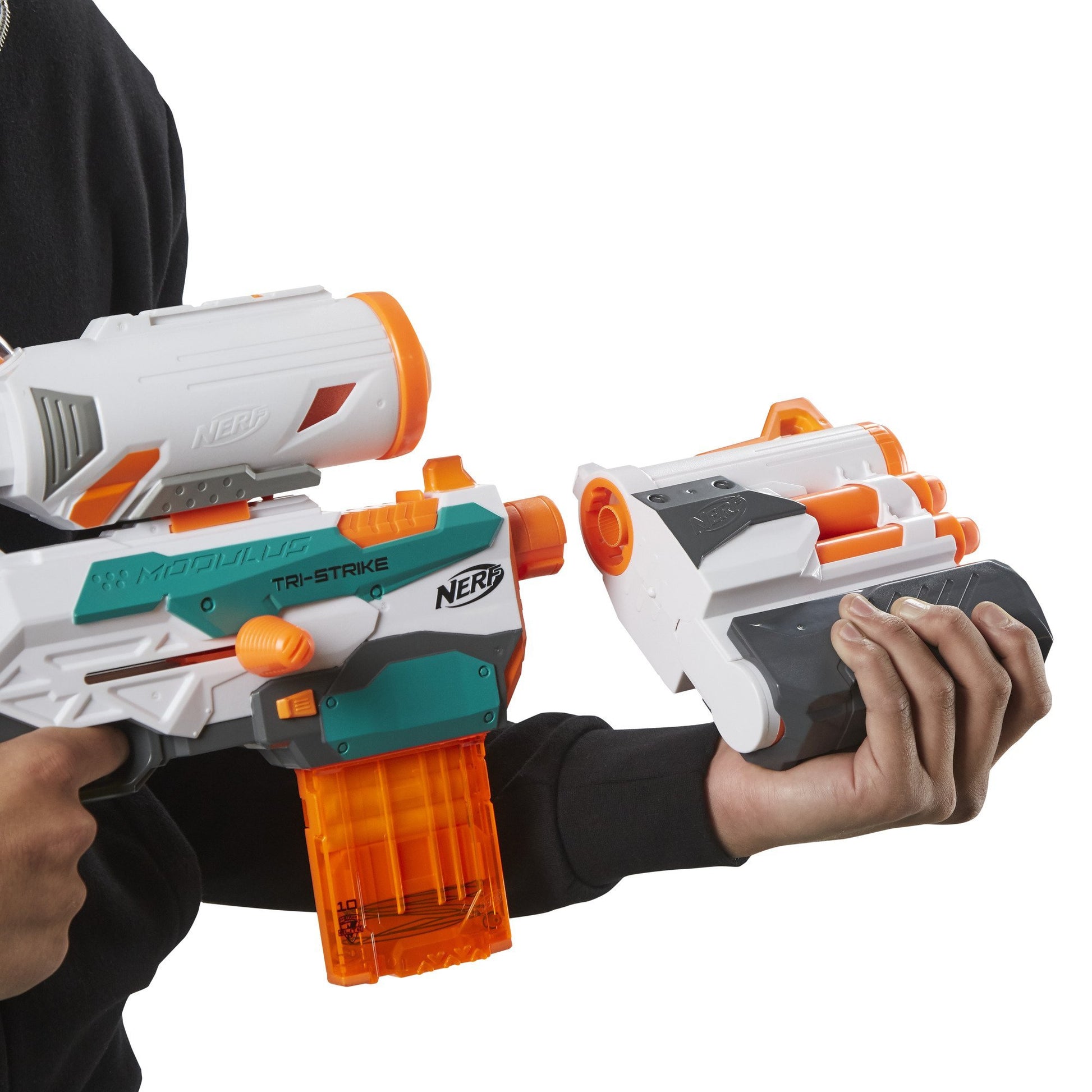 Buy now Nerf Modulus Tri-Strike Blaster, Mega Barrel, Rocket Launcher, Clip, 1 Rocket, Kids Outdoor Games (Amazon Exclusive) at indiglob india