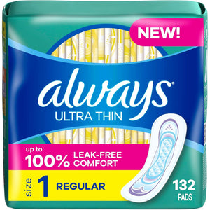 Always Ultra Thin Pads without Wings, Size 1, Regular, 132 Count (3 Packs of 44)